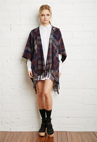 Forever21 Hooded Plaid Poncho