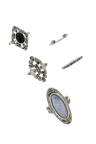 Forever21 Antique Silver & Black Faux Stone Midi Ring Set