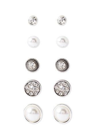 Forever21 Rhinestone Faux Pearl Stud Set (silver/cream)