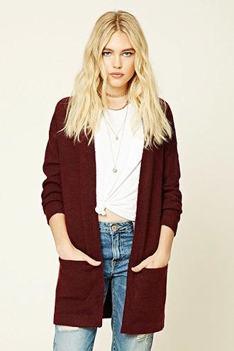 Forever21 Women's  Burgundy Longline Brushed Knit Cardigan