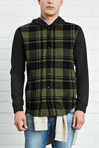 21 Men Men's  Olive & Black Hooded Plaid Flannel Shirt