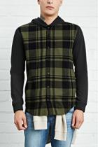 21 Men Men's  Olive & Black Hooded Plaid Flannel Shirt