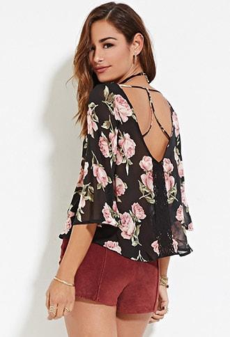 Forever21 Rose Print & Crochet Top