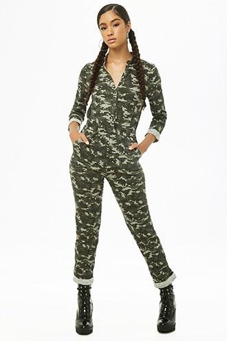 Forever21 Button-down Camo Jumpsuit