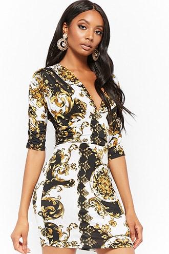 Forever21 Baroque Print Plunging Mini Dress