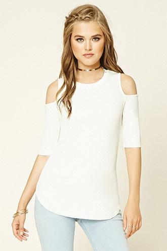 Forever21 Women's  Ivory Ribbed Knit Open-shoulder Top