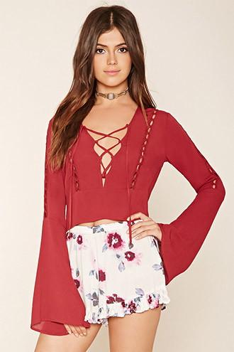 Forever21 Women's  Rust Lace-up Crop Top