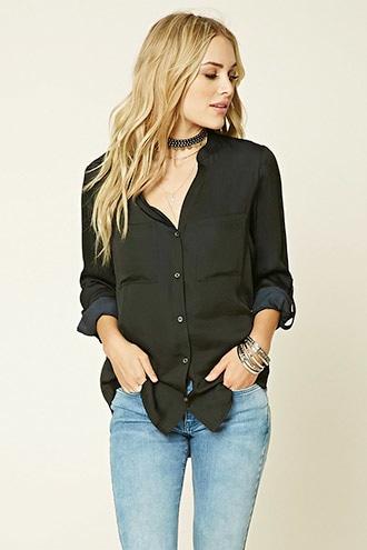 Forever21 Women's  Black Satin Woven Pocket Shirt