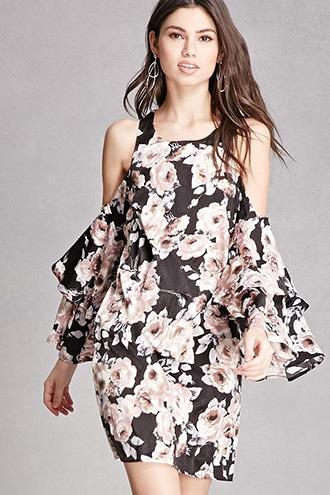 Forever21 Satin Floral Open-shoulder Dress