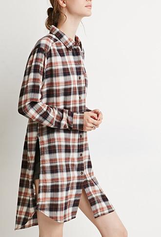 Love21 Women's  High-slit Plaid Flannel Tunic (navy/rust)