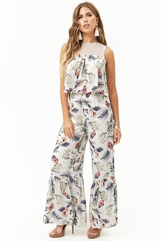 Forever21 Floral Leaf Print Top & Ruffle-hem Pants Set