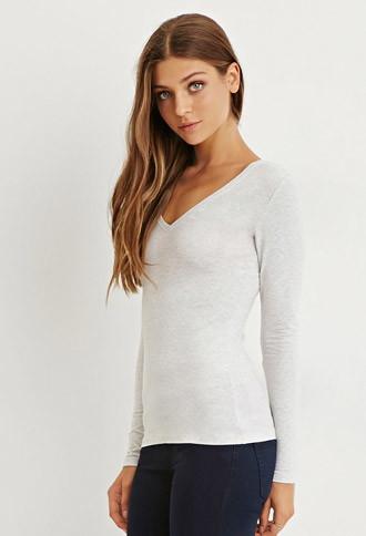 Forever21 Women's Silver Long Sleeve V-neck Tee