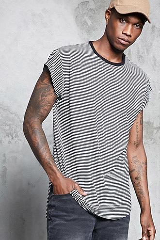Forever21 Striped Curved Hem Longline Tee