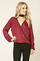 Forever21 Women's  Burgundy & Black Contrast Satin Surplice Top