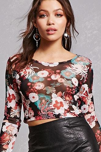 Forever21 Sheer Mesh Floral Crop Top