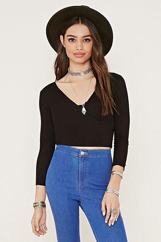 Forever21 Women's  Black Surplice Crop Top