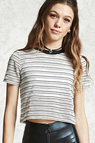 Forever21 Striped Mesh Cropped Tee