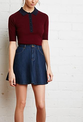 Forever21 Women's Buttoned Collar Sweater (burgundy/navy)