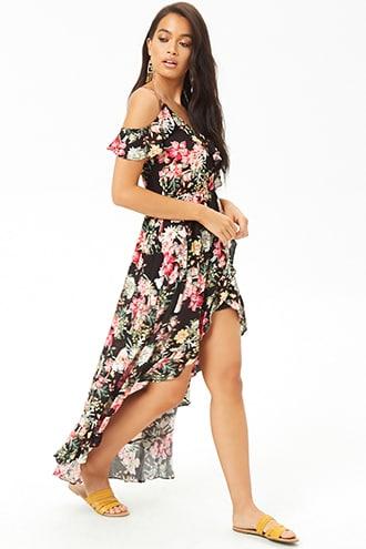 Forever21 Crinkled Floral Open-shoulder High-low Maxi Dress