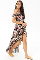 Forever21 Crinkled Floral Open-shoulder High-low Maxi Dress