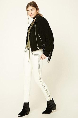 Forever21 Women's  Ivory Studded Low-rise Skinny Jeans