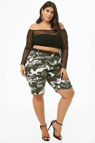 Forever21 Plus Size Denim Camo Cargo Bermuda Shorts
