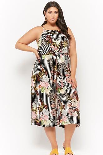 Forever21 Plus Size Floral Striped Tie-front Jumpsuit