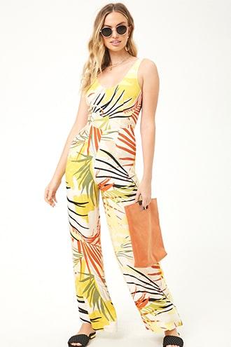 Forever21 Leaf Print Wide-leg Jumpsuit