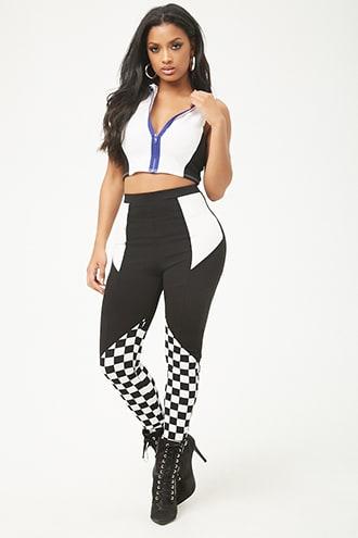 Forever21 Colorblock Checkered Zip-front Crop Top & Pants Set