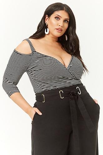Forever21 Plus Size Striped Open-shoulder Surplice Top