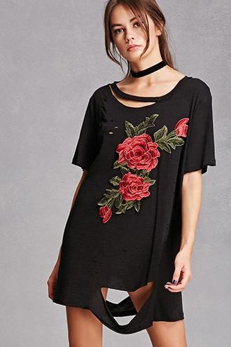 Forever21 Distressed Floral Applique Tee
