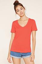Forever21 Plus Women's  Coral Cotton-blend V-neck Tee