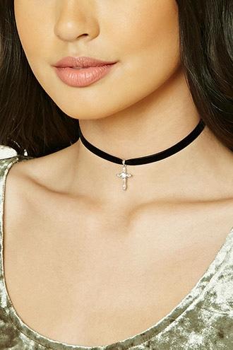 Forever21 Silver & Black Velvet Cross Choker