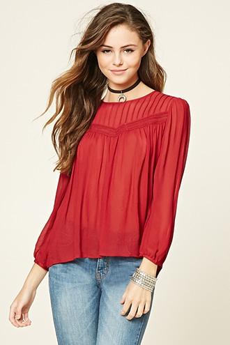 Forever21 Women's Burgundy Semi-sheer Crochet Panel Top