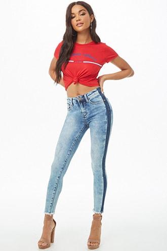 Forever21 Frayed Contrast-panel Skinny Jeans