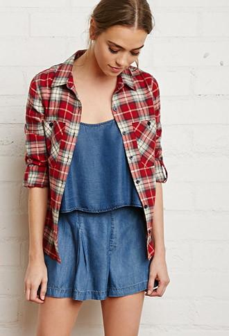 Forever21 Button-tab Sleeve Plaid Shirt