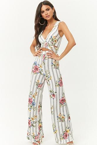 Forever21 Striped & Floral Cutout Jumpsuit
