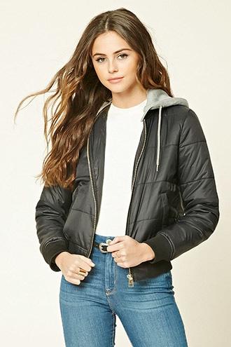 Forever21 Women's  Black & Heather Grey Hooded Puffer Jacket