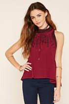 Forever21 Women's  Burgundy & Black Embroidered Woven Top