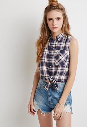 Forever21 Women's  Crocheted Plaid Self-tie Shirt