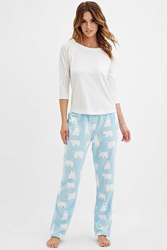Forever21 Women's  Blue & White Plush Polar Bear Pj Pants