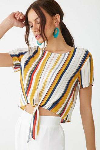 Forever21 Crinkled Striped Tie-hem Top