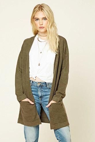 Forever21 Women's  Olive Longline Brushed Knit Cardigan