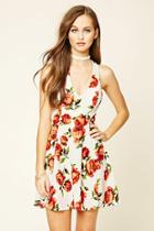Forever21 Women's  Beige & Coral Floral Print Swing Dress