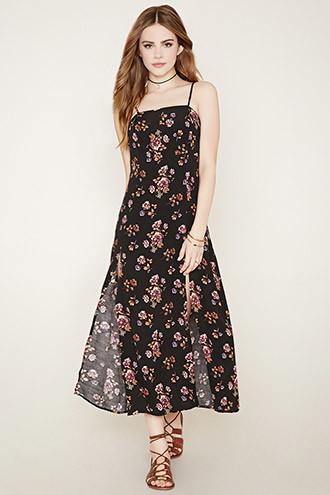 Forever21 Women's Black & Pink Floral Crepe Maxi Dress