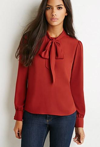 Forever21 Women's Bow High-neck Blouse (wine)