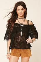 Forever21 Women's  Black Open-shoulder Eyelash Lace Top