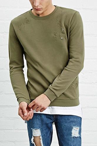 21 Men Men's Olive Distressed French Terry Pullover