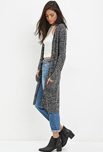 Forever21 Women's Marled Longline Cardigan (black/white)