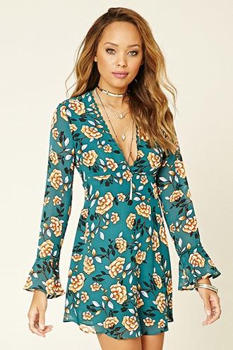 Forever21 Women's  Teal & Cream V-neck Floral Print Dress